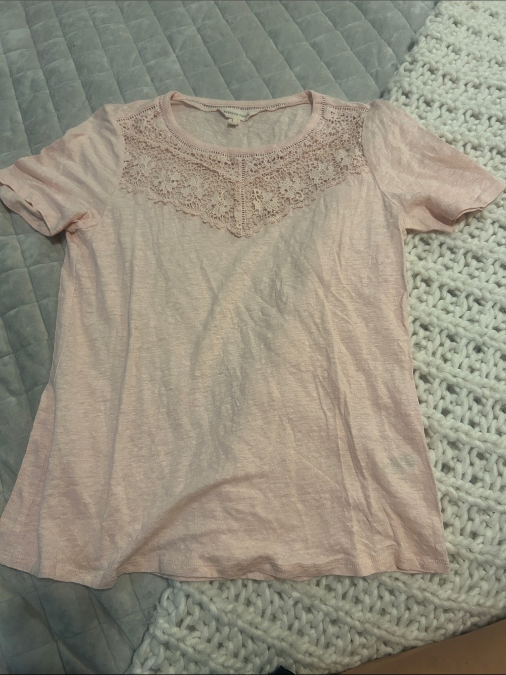 Rebecca Taylor Soft Pale Pink Crochet Yoke Short Sleeve Tee